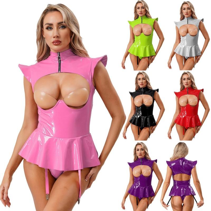 Women Bodysuit Wet Look Clubwear Party Outfits Sexy One Piece PVC Jumpsuit Rave