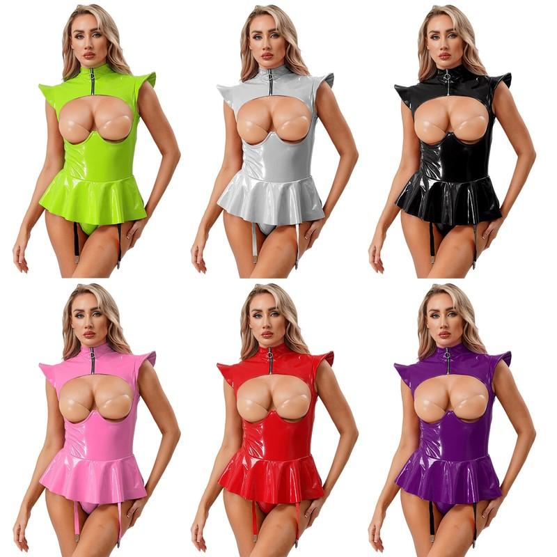 Women Bodysuit Wet Look Clubwear Party Outfits Sexy One Piece PVC Jumpsuit Rave