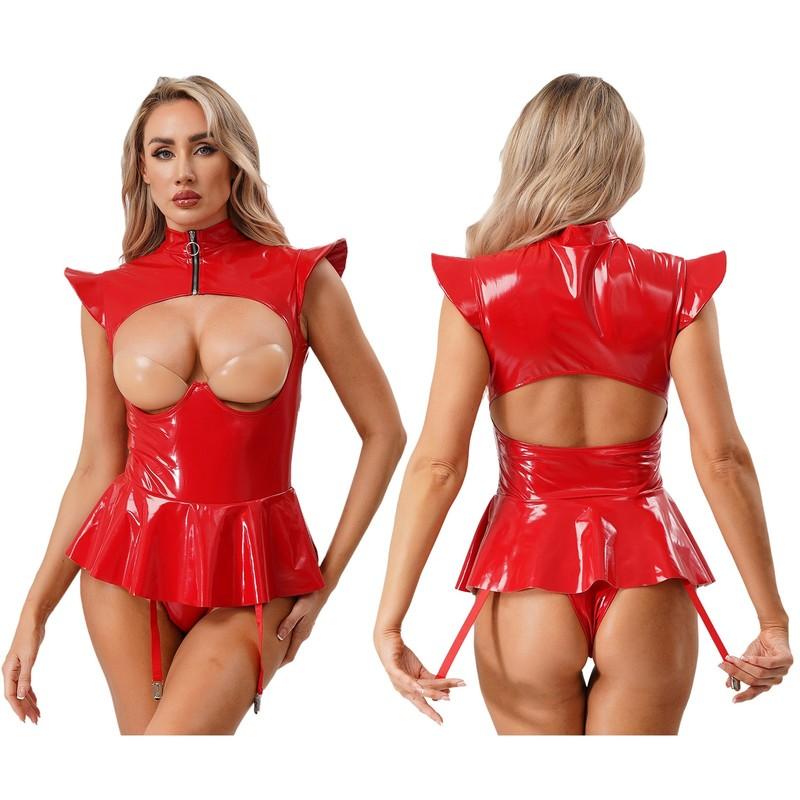 Women Bodysuit Wet Look Clubwear Party Outfits Sexy One Piece PVC Jumpsuit Rave