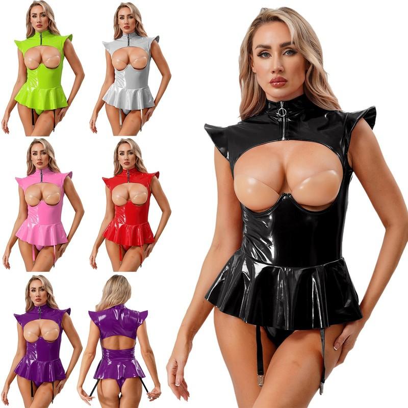 Women Bodysuit Wet Look Clubwear Party Outfits Sexy One Piece PVC Jumpsuit Rave