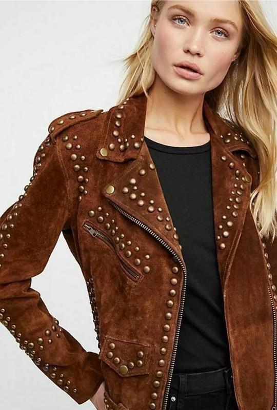 Women Brown Suede Leather Jacket Native American Studed Western Top Style Jacket