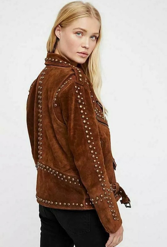 Women Brown Suede Leather Jacket Native American Studed Western Top Style Jacket