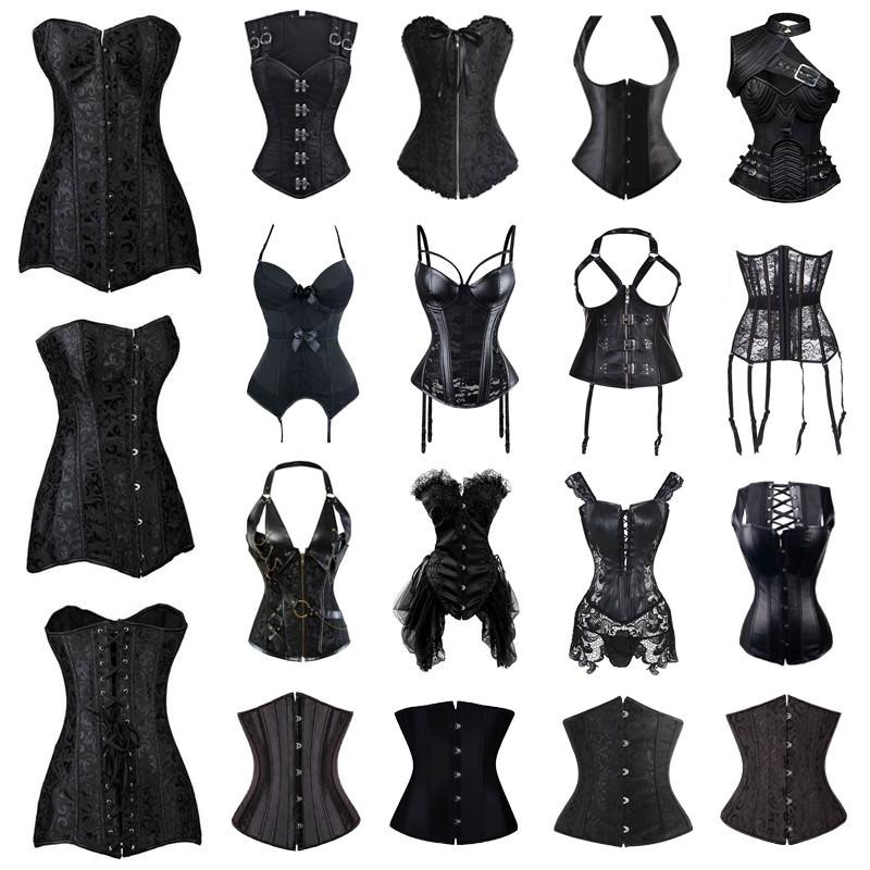 Women Bustier Black Steampunk Corset Waist Trainer Cincher Gothic Set Plus Size