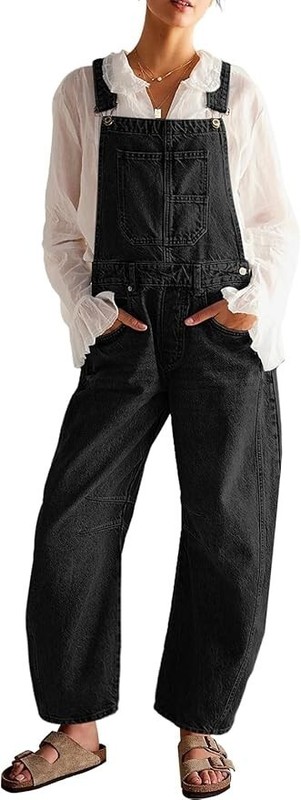 Women Casual Loose Baggy Jeans Pants Sleeveless Bib Jumpers with Pockets Barrel