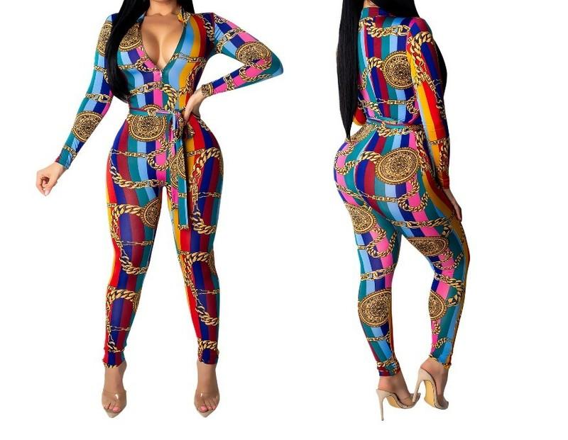 Women Chain Print Zipper UP With Sashes Long Sleeve Bodycon Casual Jumpsuit