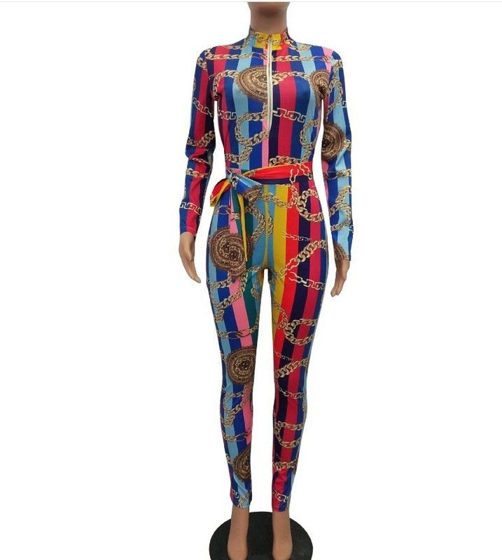 Women Chain Print Zipper UP With Sashes Long Sleeve Bodycon Casual Jumpsuit
