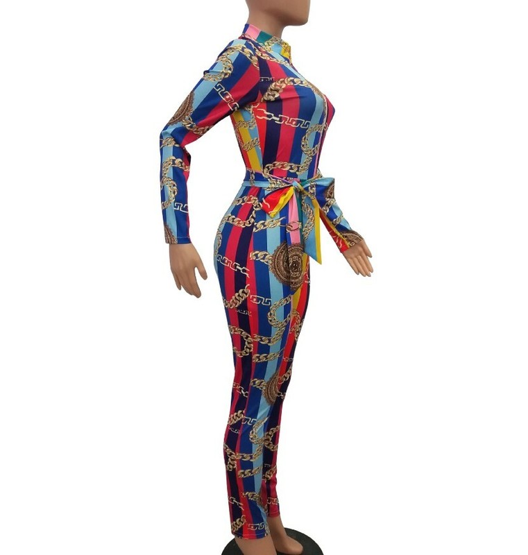 Women Chain Print Zipper UP With Sashes Long Sleeve Bodycon Casual Jumpsuit