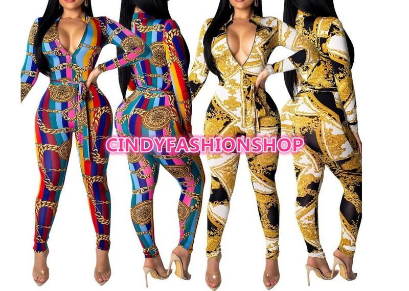 Women Chain Print Zipper UP With Sashes Long Sleeve Bodycon Casual Jumpsuit