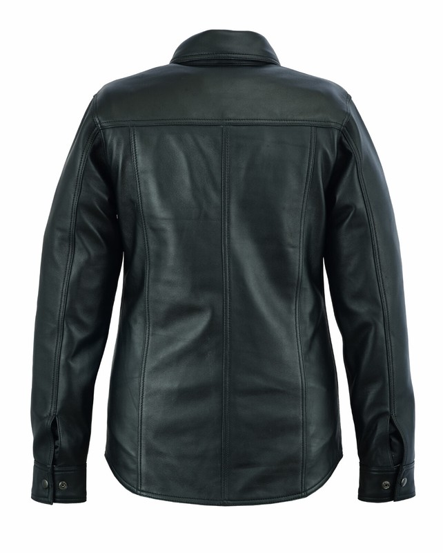 Women Classic Snap Top Grain Premium Sheep Leather Shirt Black Fully Lined Shirt