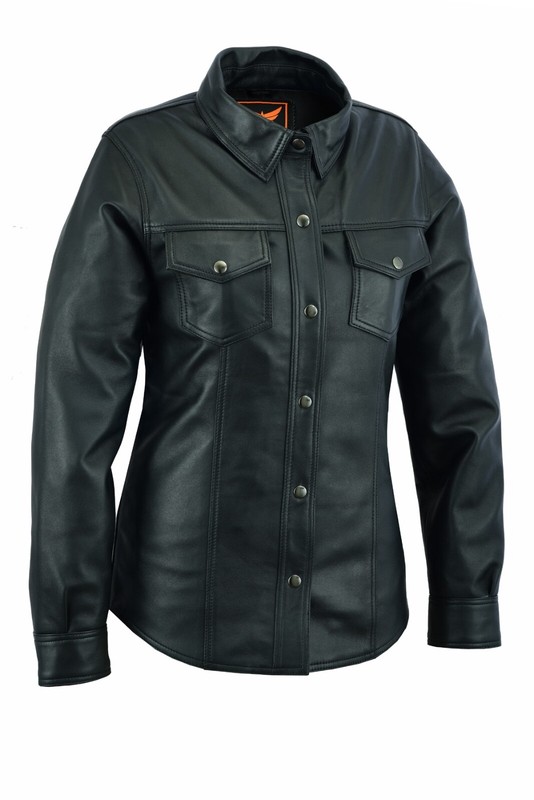 Women Classic Snap Top Grain Premium Sheep Leather Shirt Black Fully Lined Shirt