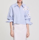 Women Collared Striped Beaded Hollowed-Out Flowers Long Sleeve Blouse Top