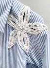 Women Collared Striped Beaded Hollowed-Out Flowers Long Sleeve Blouse Top