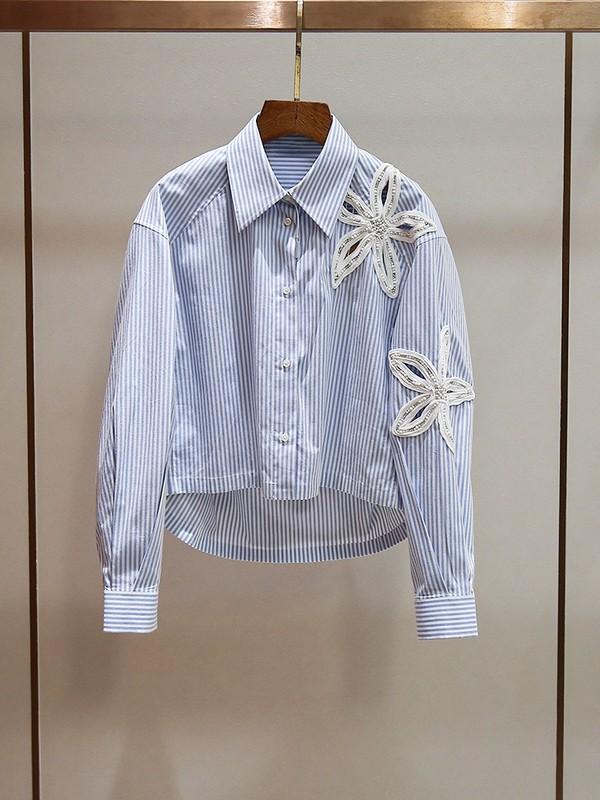 Women Collared Striped Beaded Hollowed-Out Flowers Long Sleeve Blouse Top