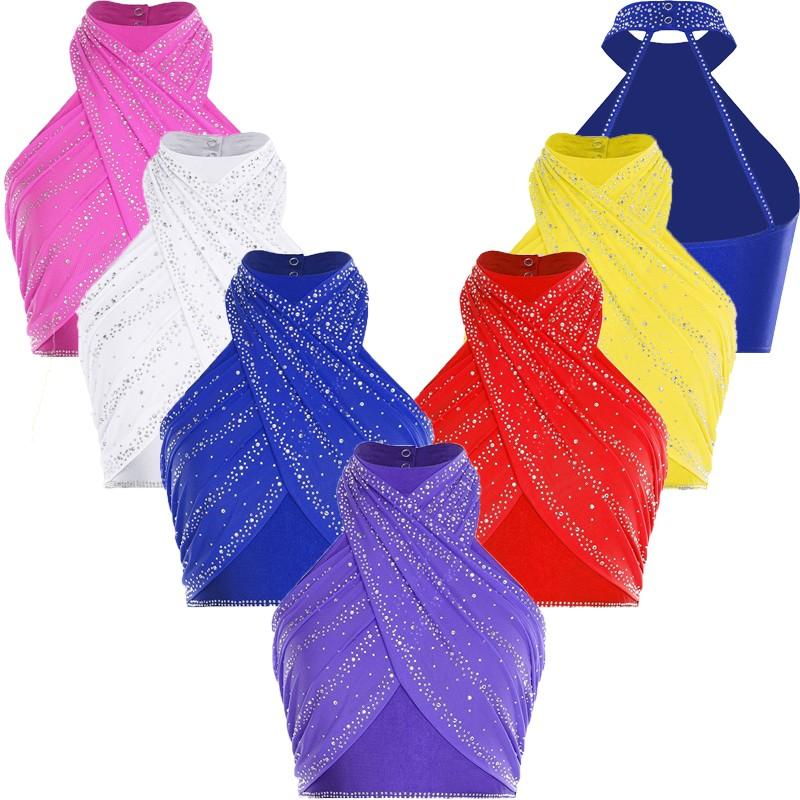 Women Crop Tops Stand Collar Tank Top Strappy Shirt Halter Blouse Latin Mesh