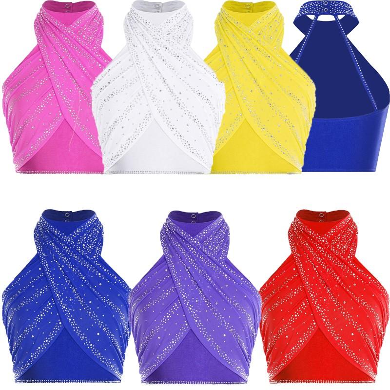 Women Crop Tops Stand Collar Tank Top Strappy Shirt Halter Blouse Latin Mesh