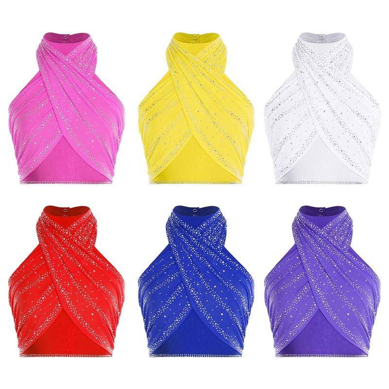Women Crop Tops Stand Collar Tank Top Strappy Shirt Halter Blouse Latin Mesh