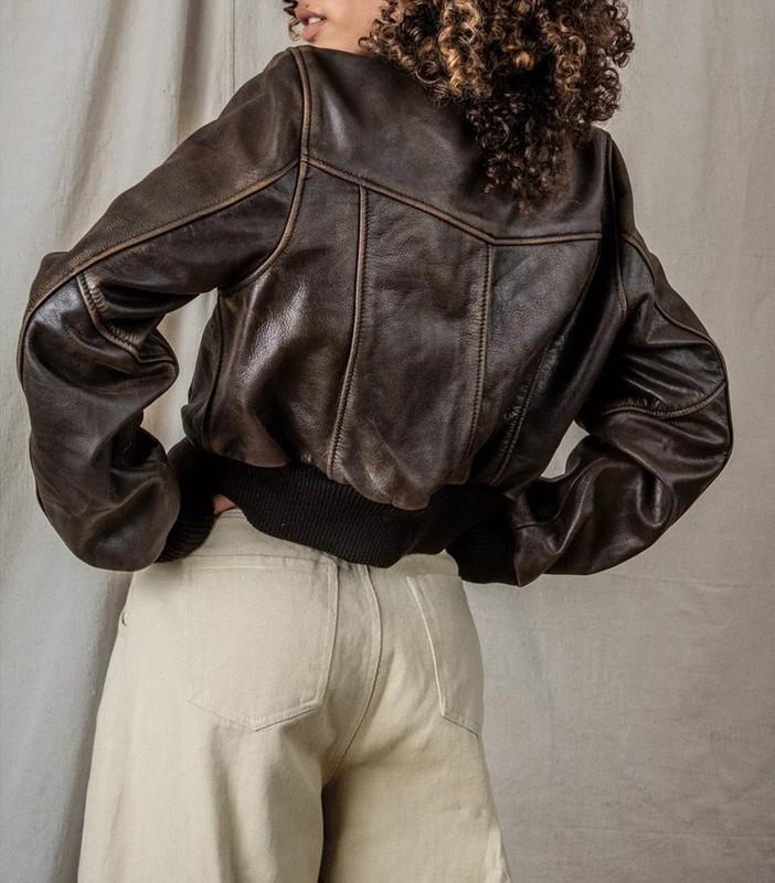 Women Cropped Jacket Vintage Distressed Brown Bomber Leather Oversize Jacket