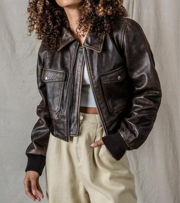 Women Cropped Jacket Vintage Distressed Brown Bomber Leather Oversize Jacket