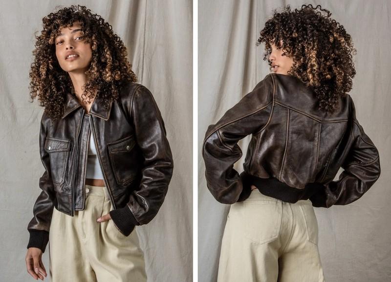 Women Cropped Jacket Vintage Distressed Brown Bomber Leather Oversize Jacket
