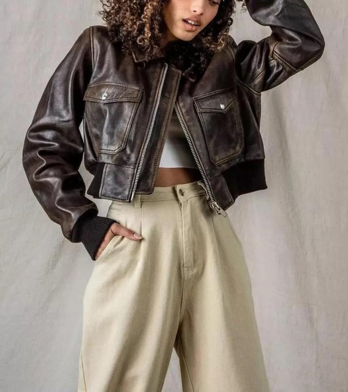 Women Cropped Jacket Vintage Distressed Brown Bomber Leather Oversize Jacket