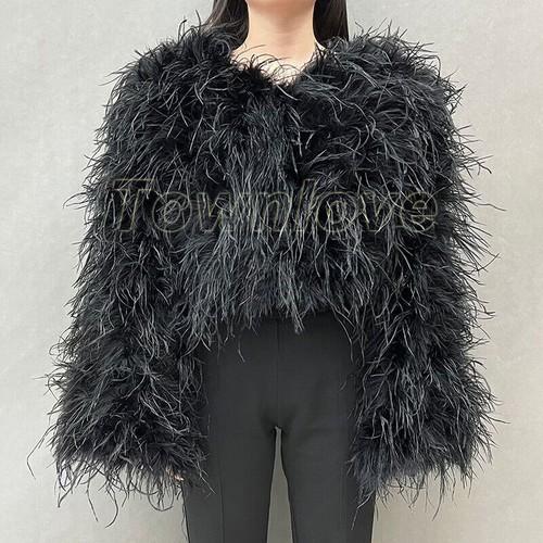 Women Cropped Ostrich Feather Jacket Wide Cuff Fluffy Short Coat Wedding