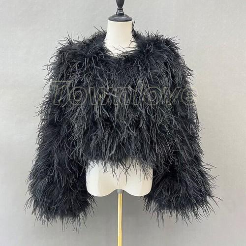 Women Cropped Ostrich Feather Jacket Wide Cuff Fluffy Short Coat Wedding
