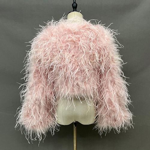 Women Cropped Ostrich Feather Jacket Wide Cuff Fluffy Short Coat Wedding