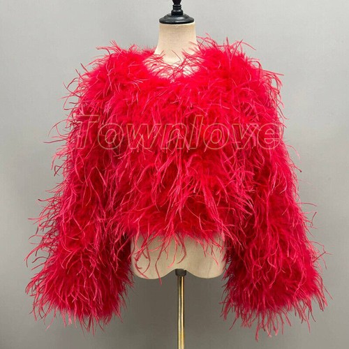 Women Cropped Ostrich Feather Jacket Wide Cuff Fluffy Short Coat Wedding