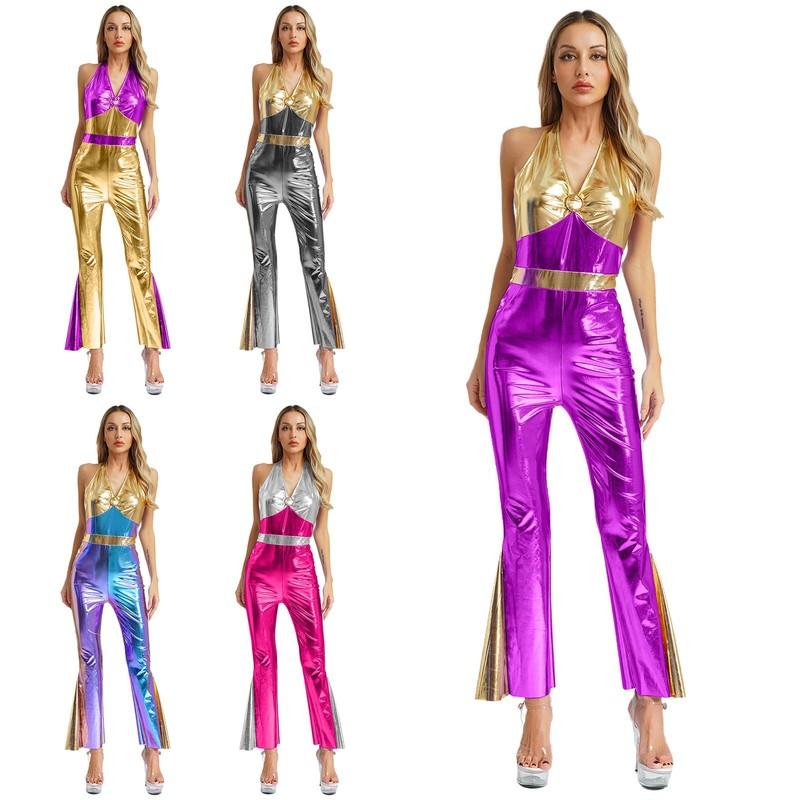 Women Disco Dance Jumpsuit Shiny Metallic Flared Pantsuit 70s 80s V Neck Costume