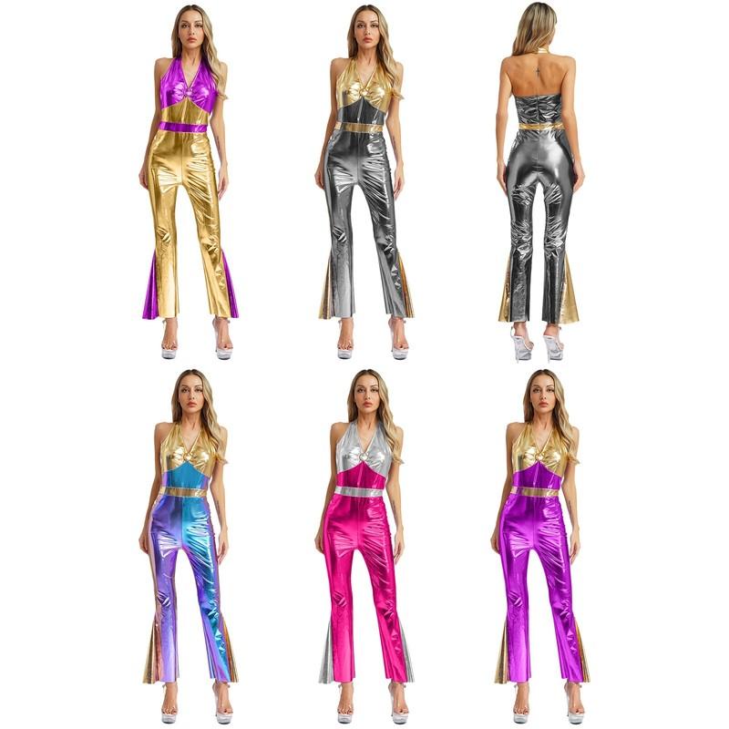Women Disco Dance Jumpsuit Shiny Metallic Flared Pantsuit 70s 80s V Neck Costume