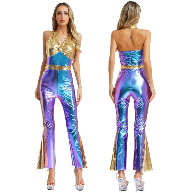 Women Disco Dance Jumpsuit Shiny Metallic Flared Pantsuit 70s 80s V Neck Costume