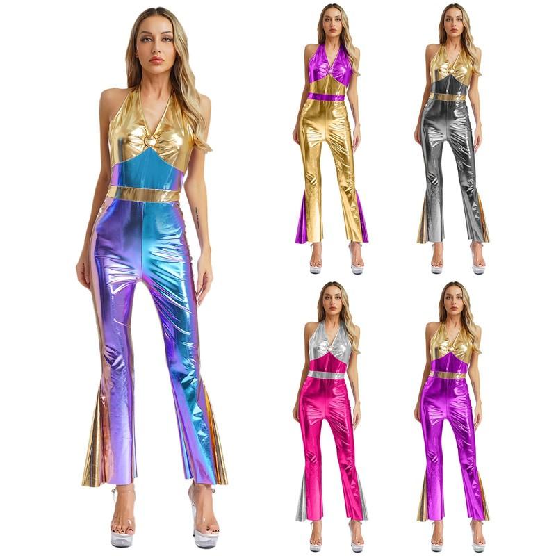 Women Disco Dance Jumpsuit Shiny Metallic Flared Pantsuit 70s 80s V Neck Costume