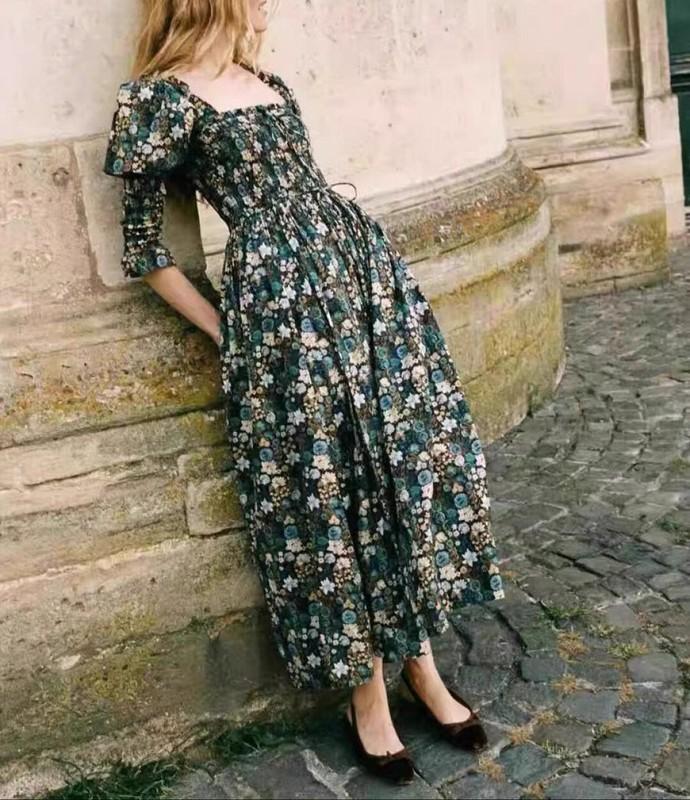 Women Doen Cotton Square Neck Floral Embellished A-line Midi Dress
