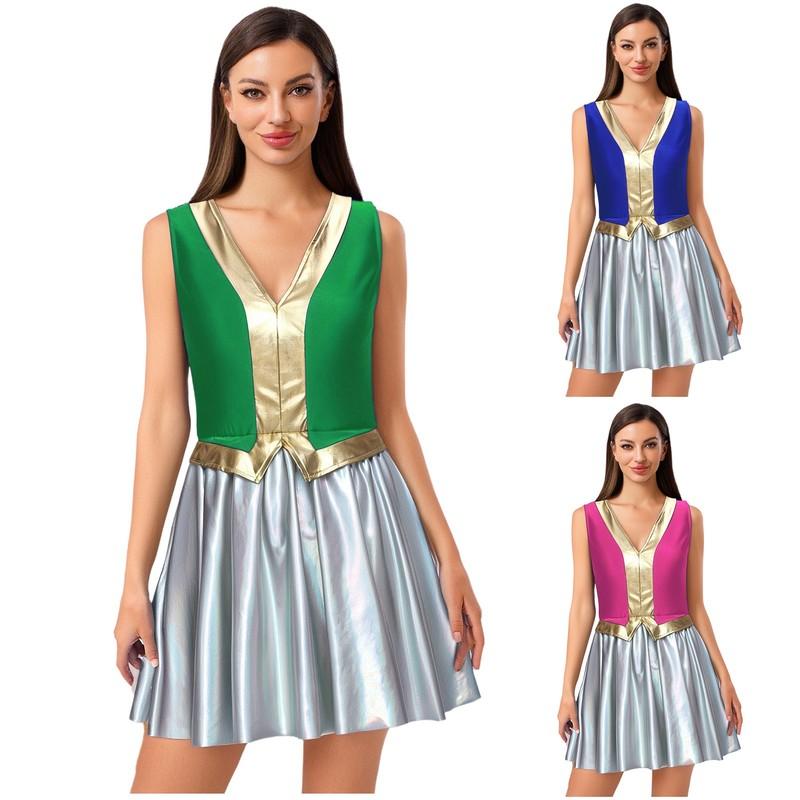 Women Dress Arab Outfits Patchwork Costume Halloween Cosplay Dance Skirts Sexy