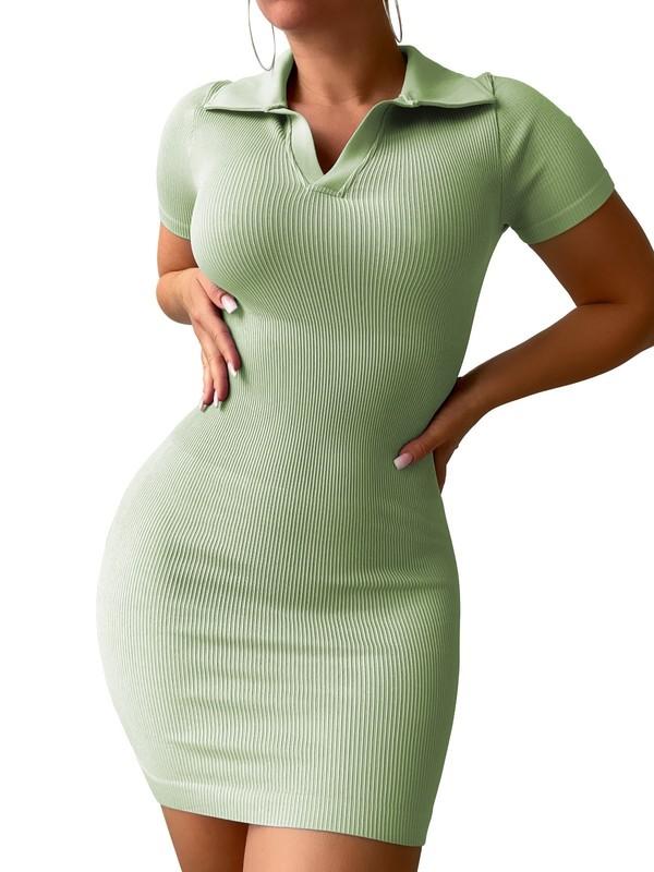 Women Dress Short Sleeve Tummy Control Stretch Bodycon Mini Dress Green Size S