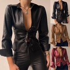Women Fashion Lapel Solid Color PU Leather Long Sleeve T-Shirt Top Casual Blouse