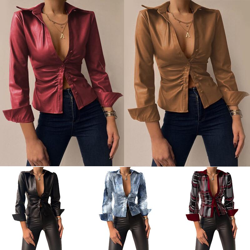 Women Fashion Lapel Solid Color PU Leather Long Sleeve T-Shirt Top Casual Blouse