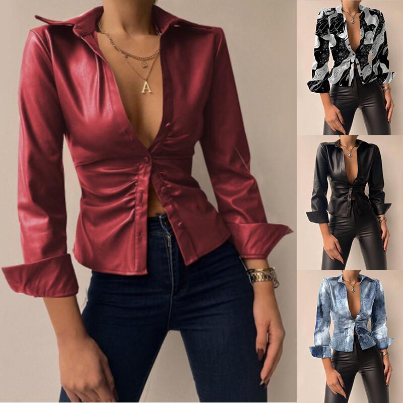 Women Fashion Lapel Solid Color PU Leather Long Sleeve T-Shirt Top Casual Blouse