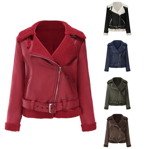 Women Faux Suede Coat Aviator Leather Jacket Winter Coat Fur Liner Jacket Coat