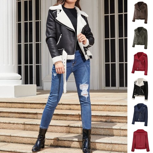 Women Faux Suede Coat Aviator Leather Jacket Winter Coat Fur Liner Jacket Coat