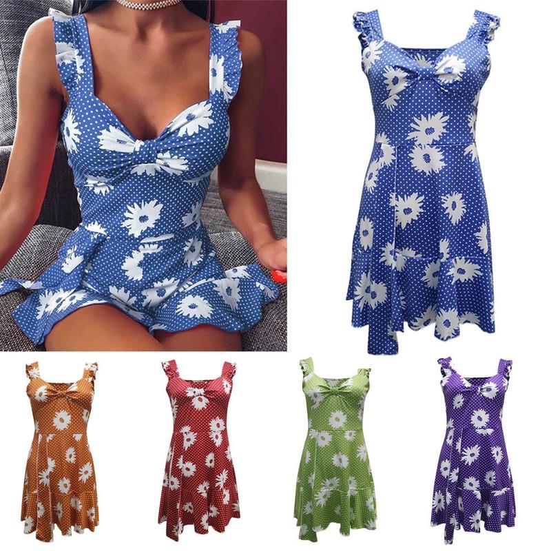 Women Floral Ruffle Strappy Dress Sleeveless Holiday Summer Beach Mini Sundress