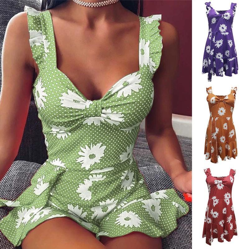 Women Floral Ruffle Strappy Dress Sleeveless Holiday Summer Beach Mini Sundress