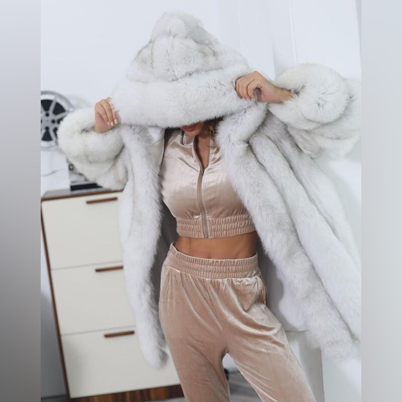 Women Full Pelt Natural Real Fox Fur Coat Hooded Jacket Thick Overcoat Outwear