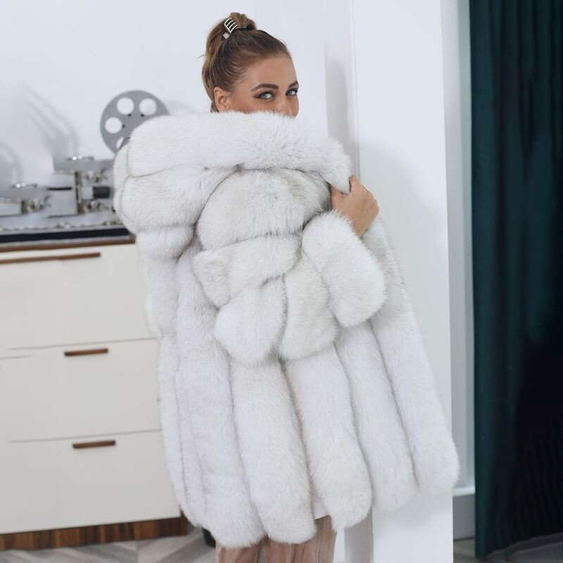 Women Full Pelt Natural Real Fox Fur Coat Hooded Jacket Thick Overcoat Outwear