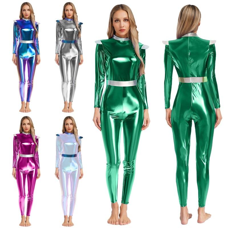 Women Galaxy Space Alien Costume Dance Unitard Shiny Metallic Catsuit For Party