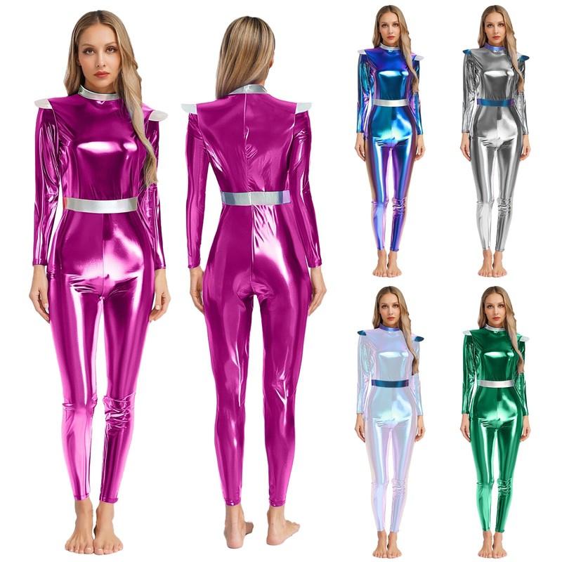 Women Galaxy Space Alien Costume Dance Unitard Shiny Metallic Catsuit for Party