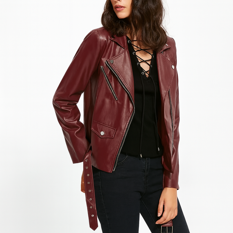 Women Genuine Lambskin Leather Jacket Maroon Slim Fit Biker Motorcycle Jacket