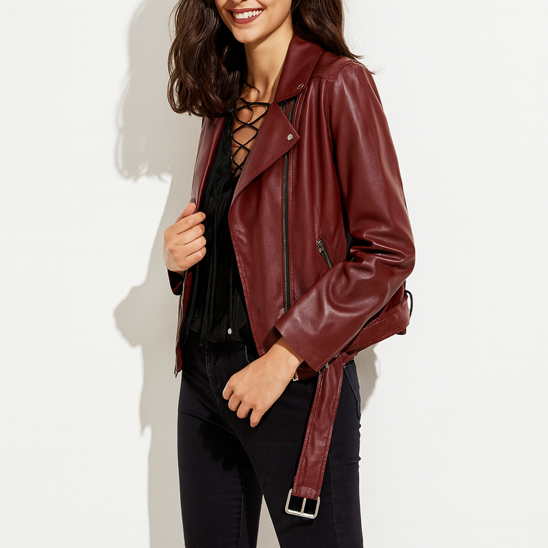 Women Genuine Lambskin Leather Jacket Maroon Slim Fit Biker Motorcycle Jacket