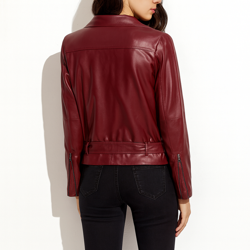 Women Genuine Lambskin Leather Jacket Maroon Slim Fit Biker Motorcycle Jacket