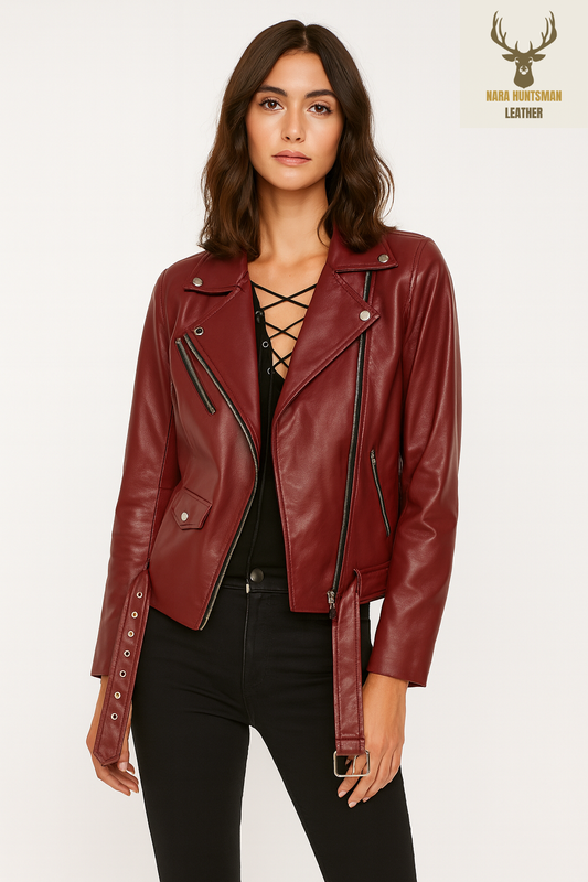 Women Genuine Lambskin Leather Jacket Maroon Slim fit Biker Motorcycle jacket